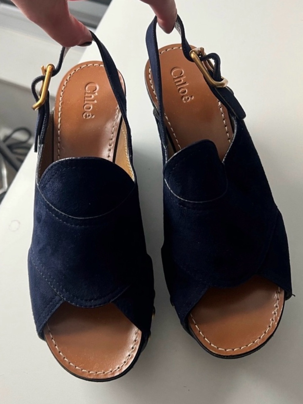 Chloé “Mischa” Navy Suede Platform Slingback Sandals